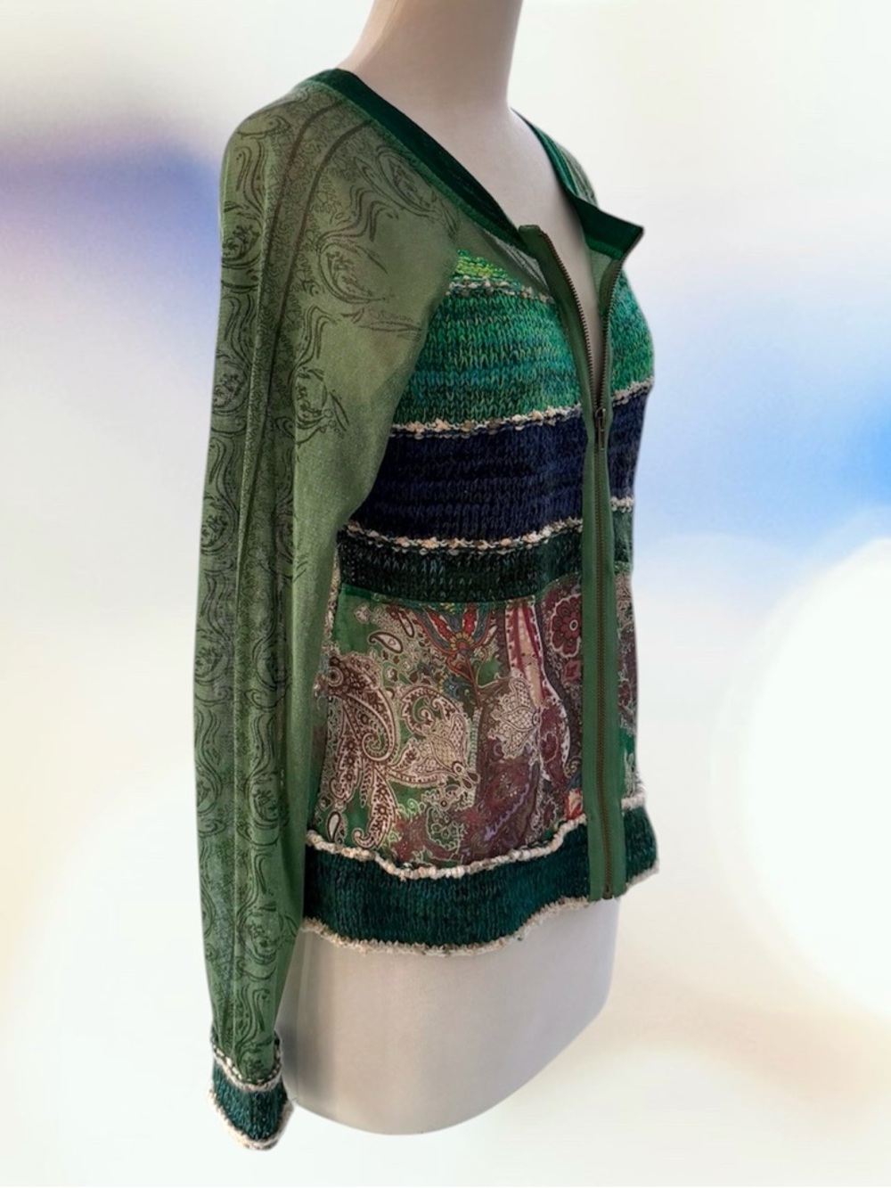 Kaktus Y2K Green & Blue Paisley Floral Printed Mesh Zip Front Top ~ Women’s M/L - Picture 3 of 10